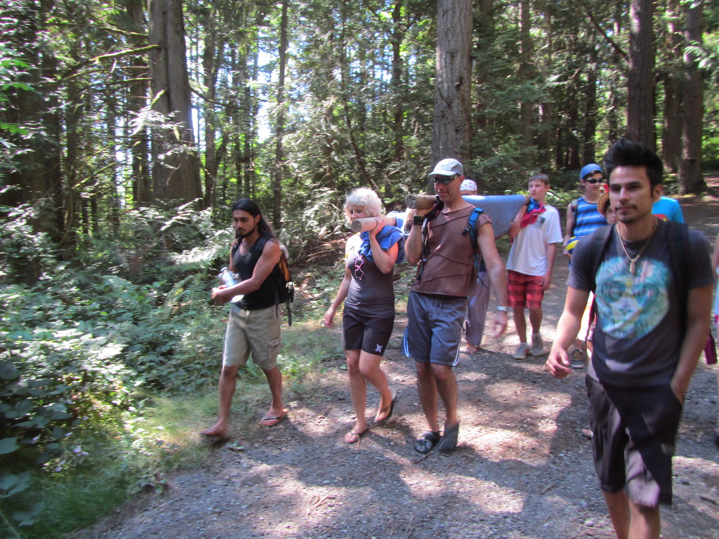 Group hiking through the forest together